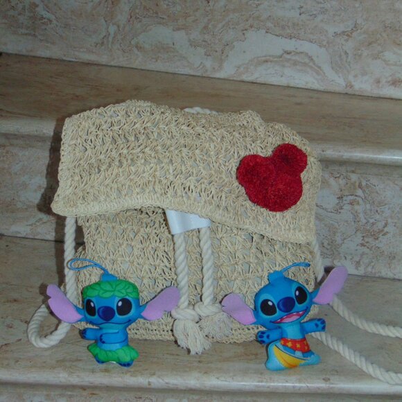 Disney X Junk Food Macrame Backpack Straw Red Mickey Puff + 2 Lilo Stitch Puffs - Picture 2 of 10